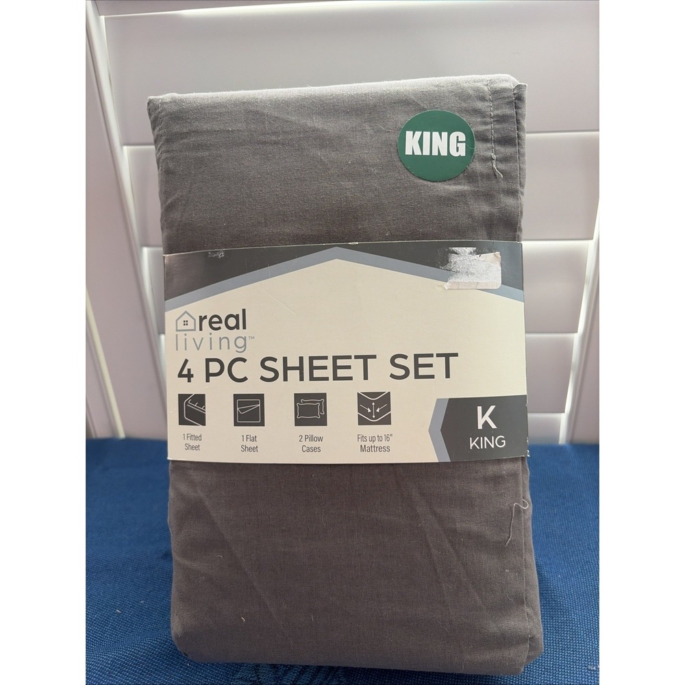 Real Living 4 pc. King Sheet Set Fitted Flat 2 Pillowcases Charcoal Gray